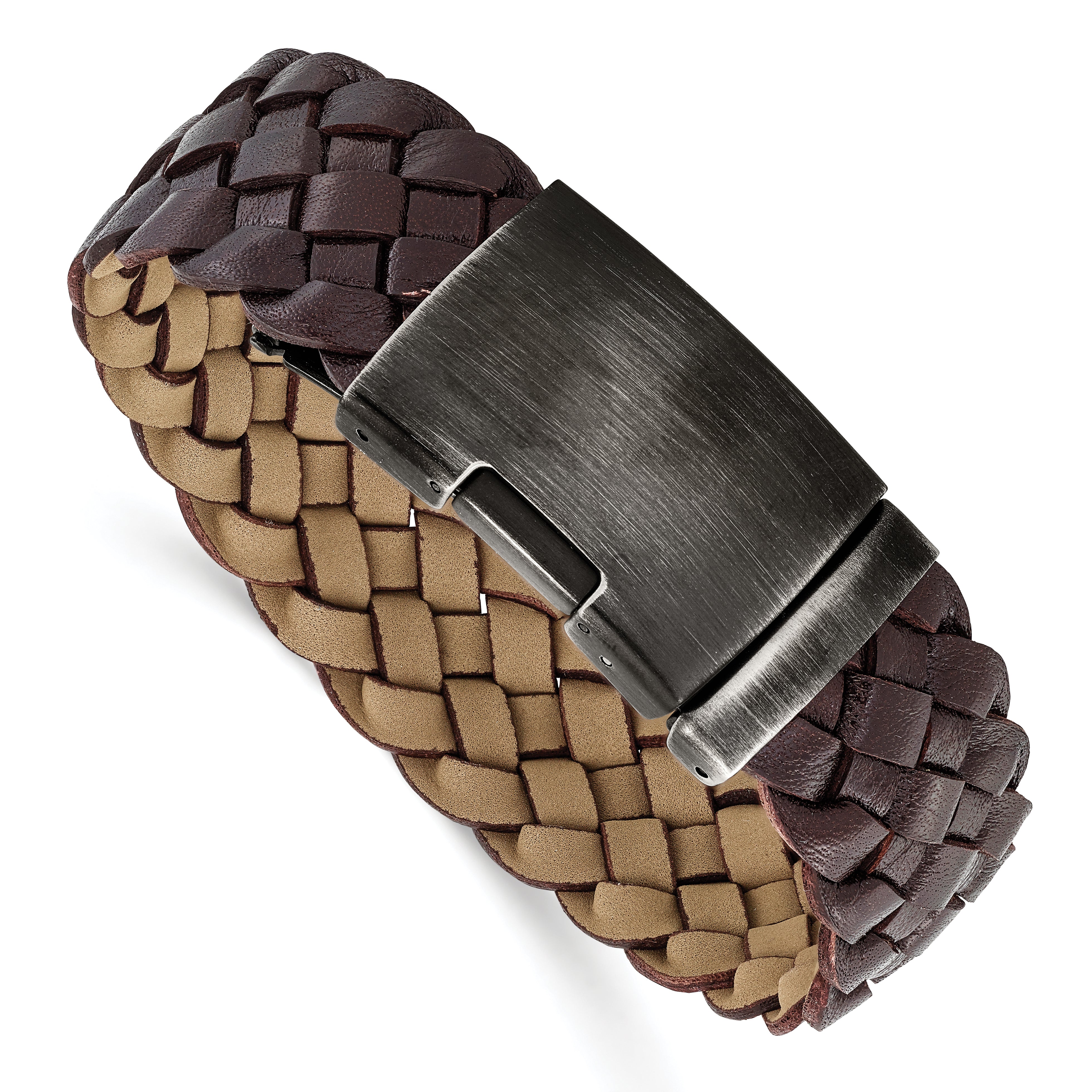 Stainless Steel Antiqued and Brushed Brown Braided Leather 9in Bracelet Main image