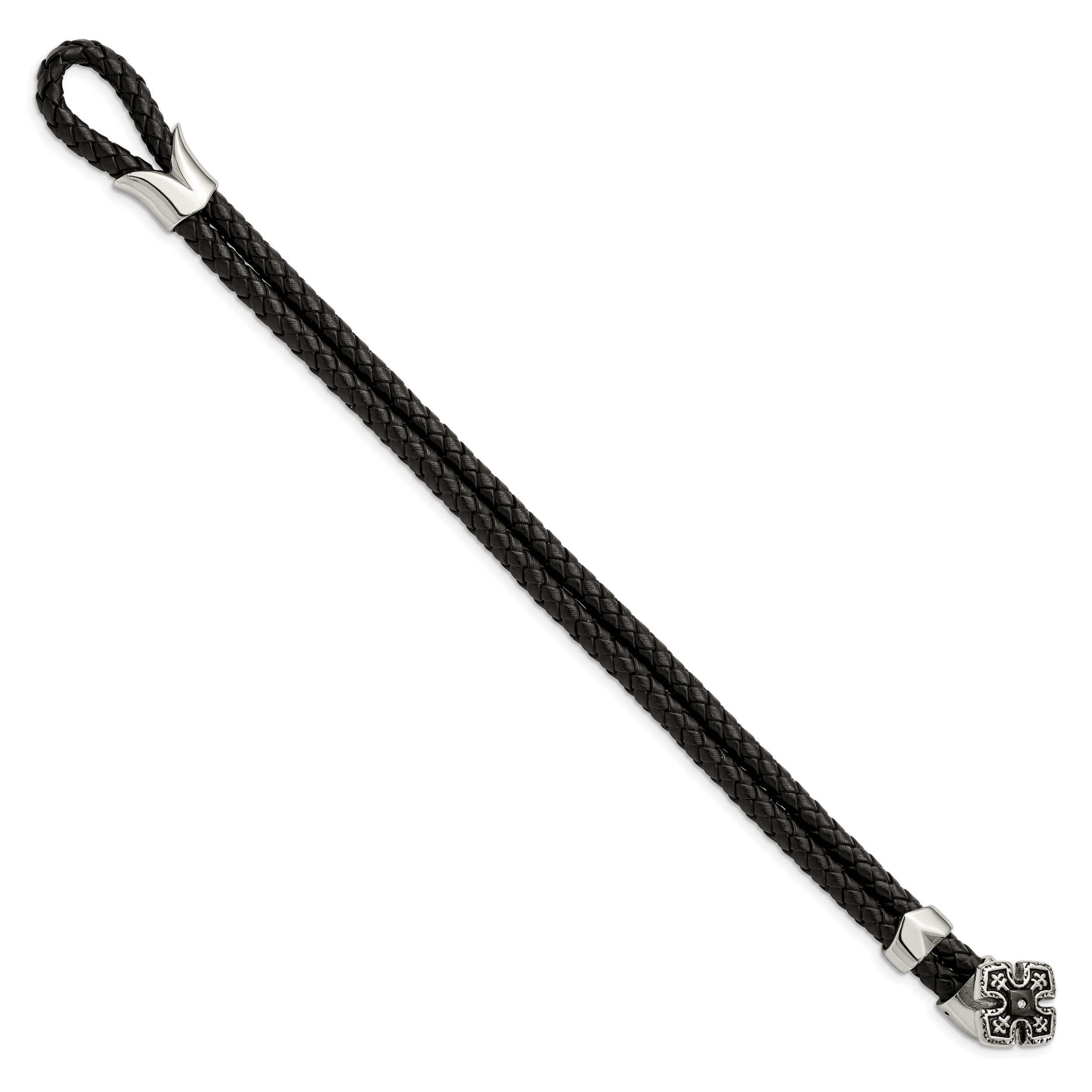 Braided Black Leather Bracelet in Stainless Steel with CZ