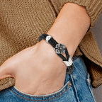 Braided Black Leather Bracelet in Stainless Steel with CZ