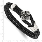 Braided Black Leather Bracelet in Stainless Steel with CZ