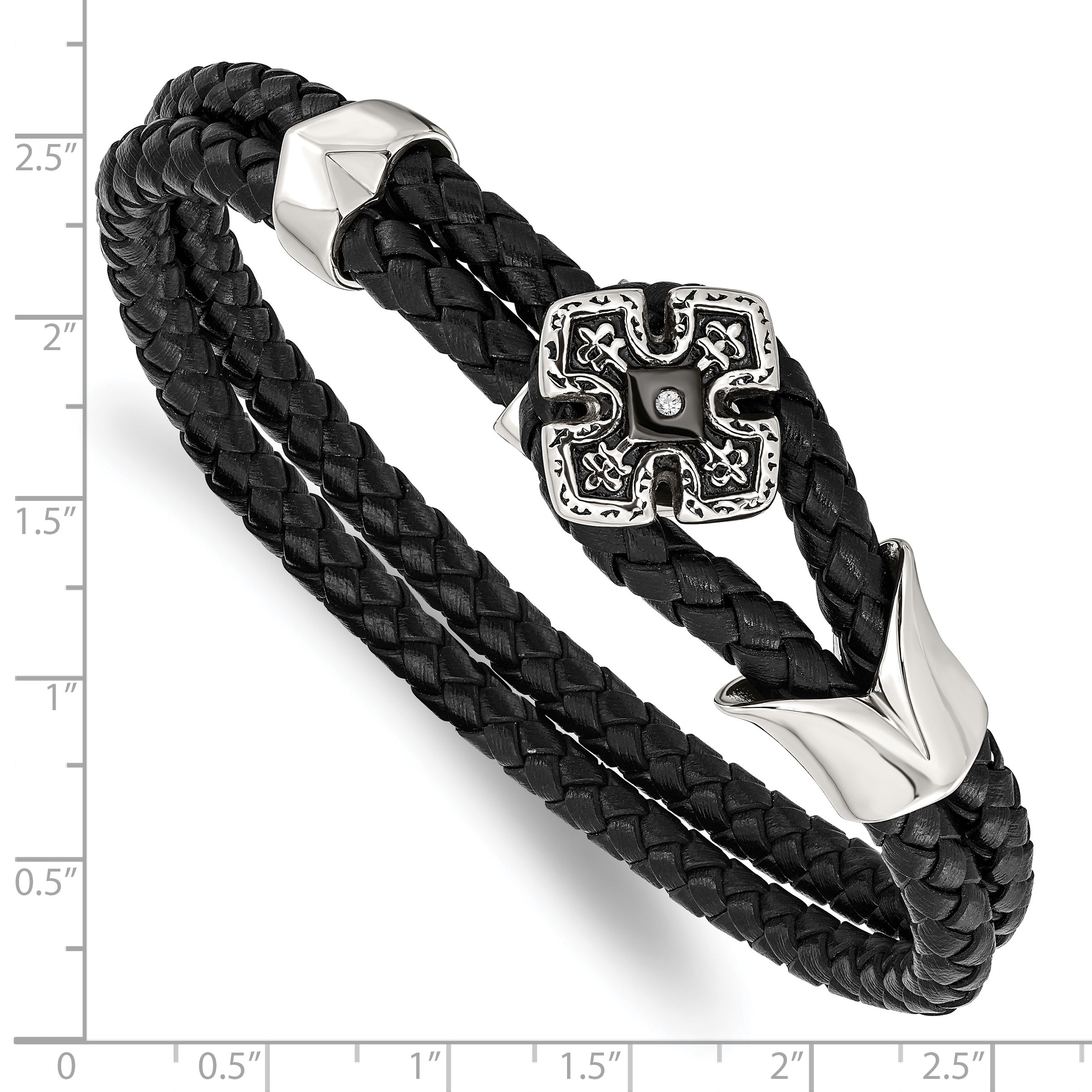 Braided Black Leather Bracelet in Stainless Steel with CZ