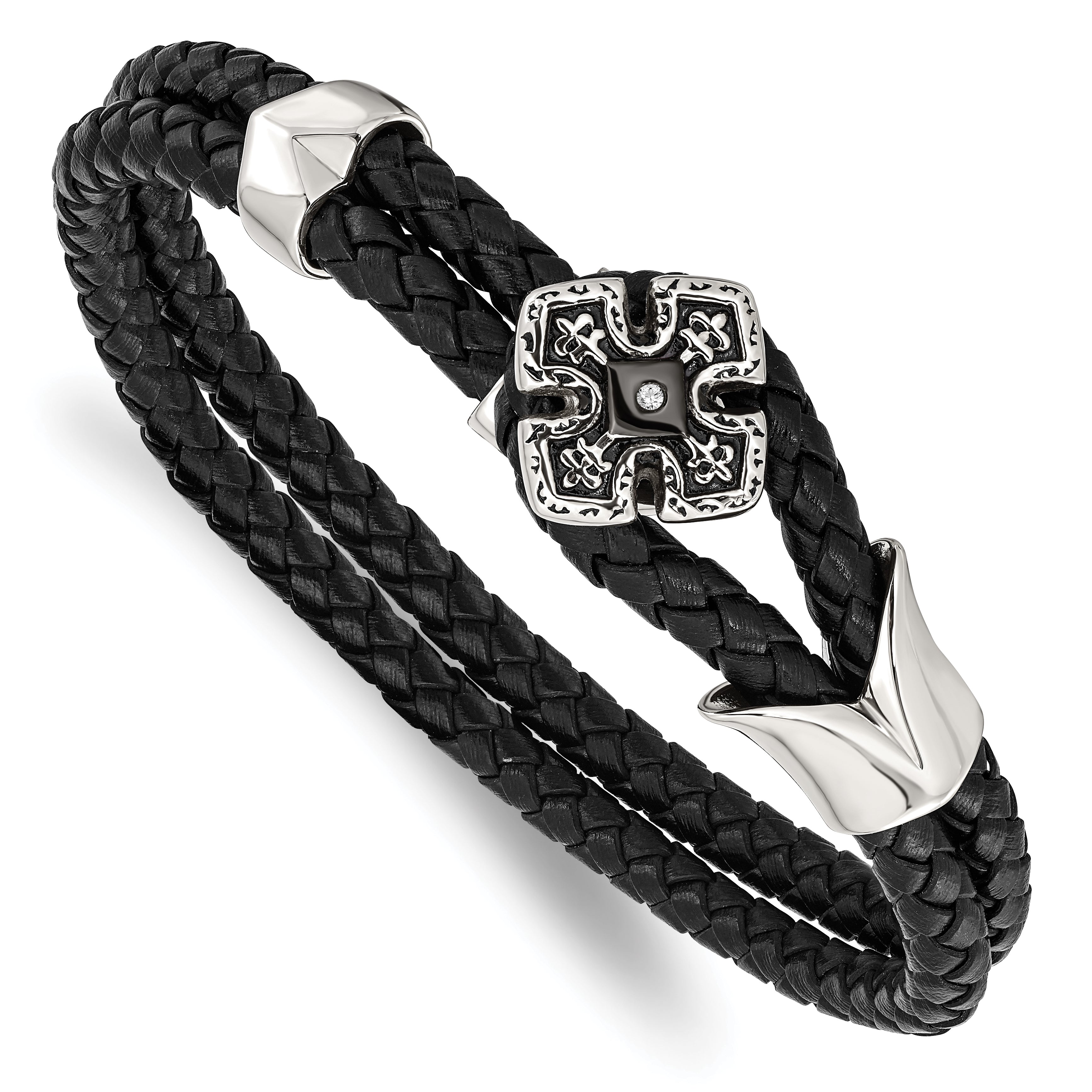 Stainless Steel Polished Black IP w/CZ Braided Black Leather 8in Bracelet Main image