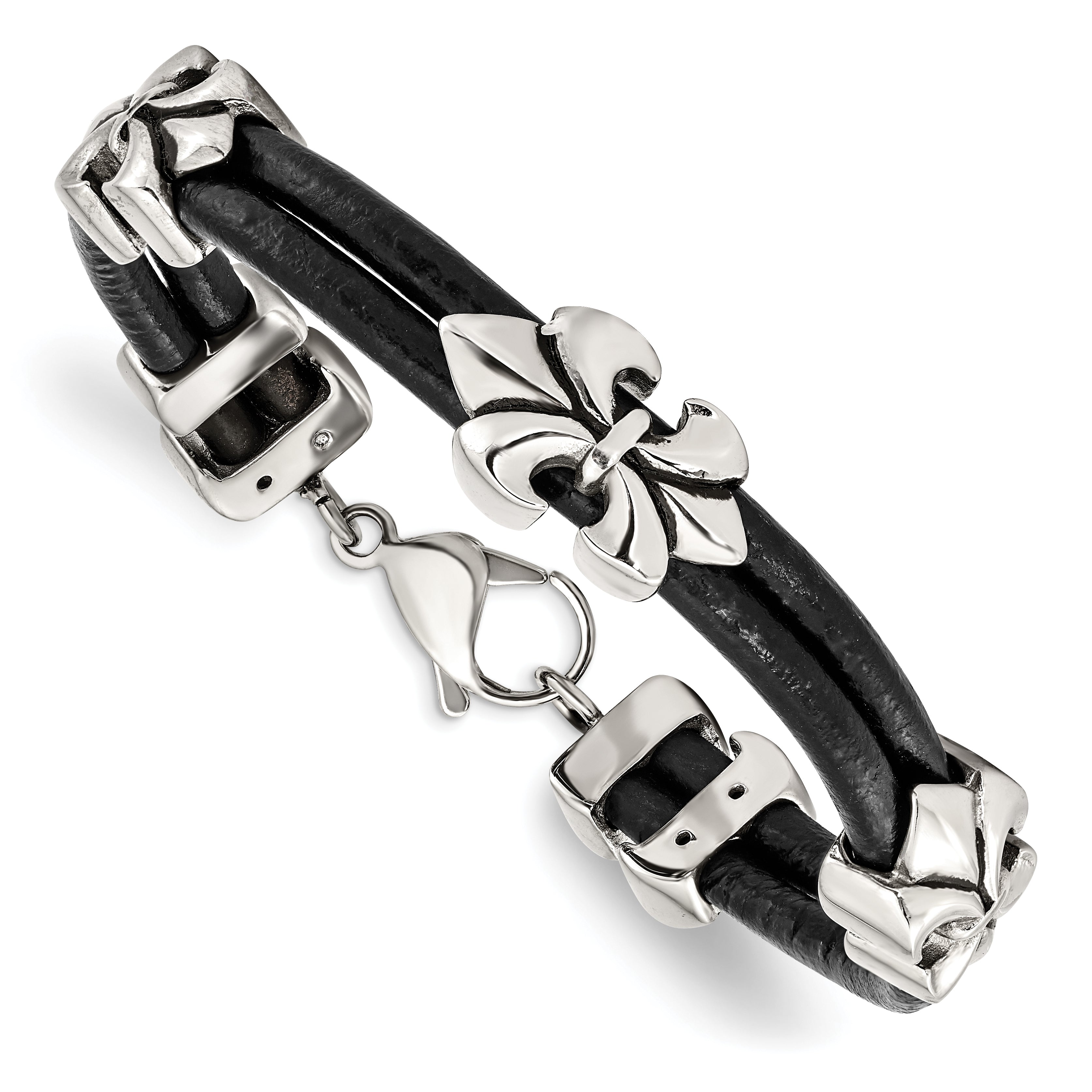 Stainless Steel Antiqued & Polished Fleur De Lis Black Leather Bracelet Main image