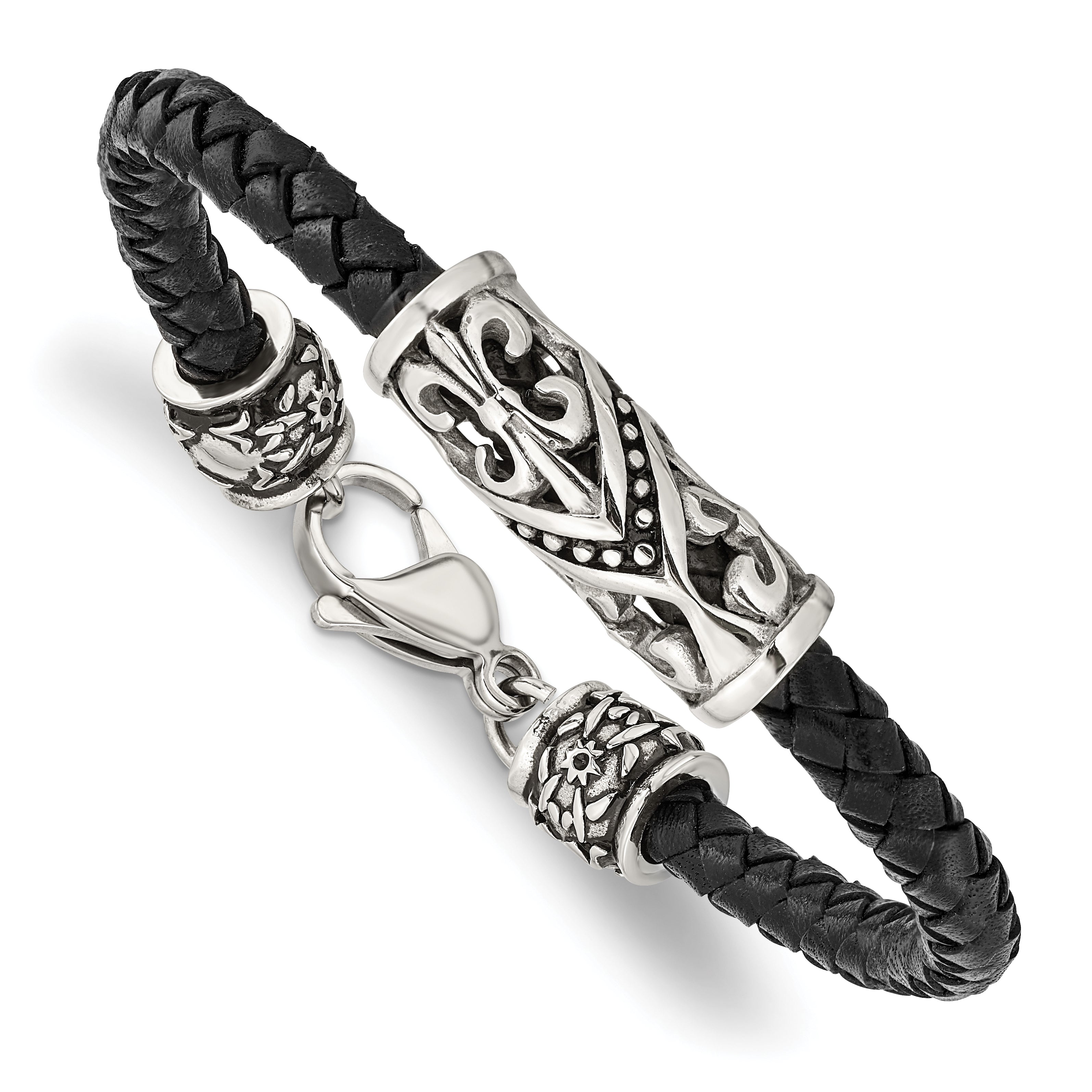 Chisel Stainless Steel Antiqued Polished and Textured Fleur de Lis Black Braided Leather 8.5 inch Bracelet Main image