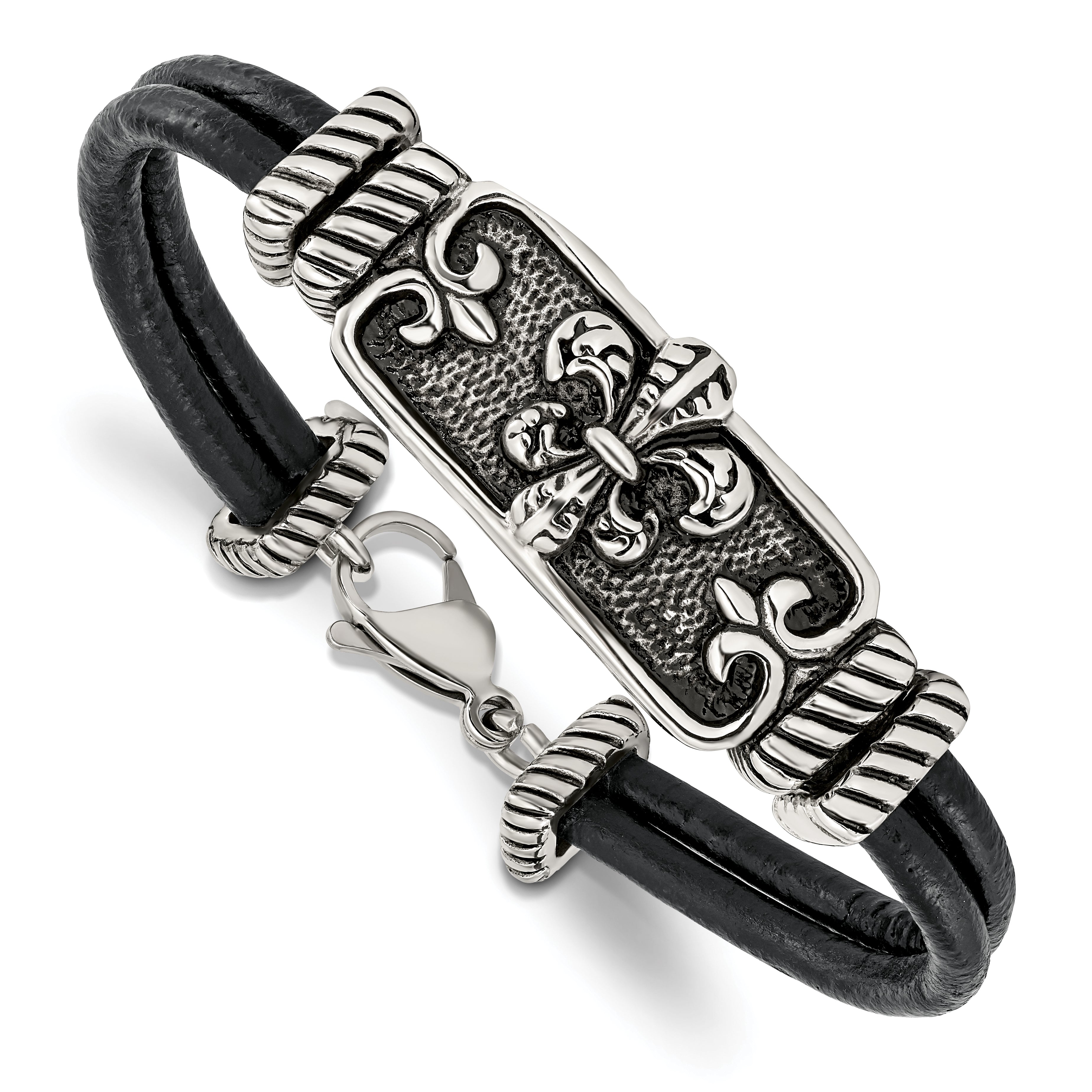 Chisel Stainless Steel Antiqued and Polished Fleur de Lis 2 Strand Black Leather 8.5 inch Bracelet Main image