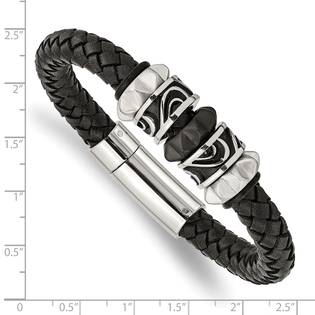 Braided Leather Bracelet in Black IP Stainless Steel