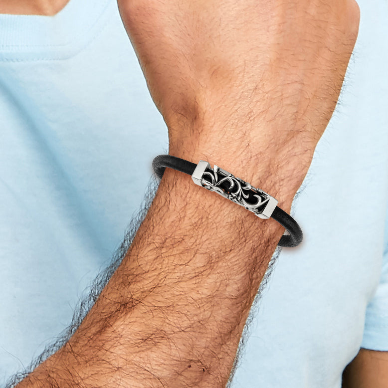 Filigree Leather Cord Bracelet in Stainless Steel