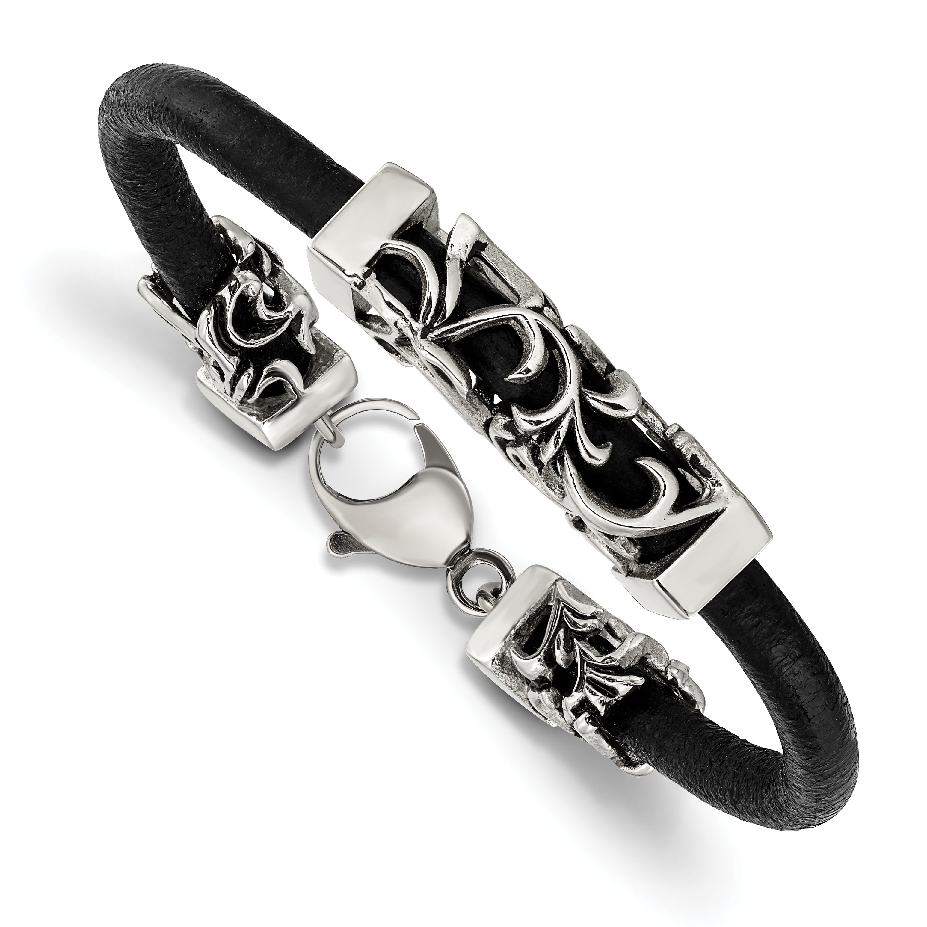Stainless Steel Antiqued & Polished Filigree Black Leather Cord Bracelet Main image