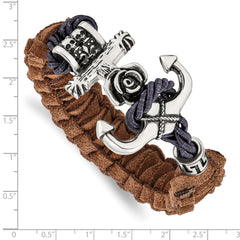 Chisel Stainless Steel Antiqued and Polished Anchor with Flower and Skulls Brown Leather 8.5 inch Bracelet