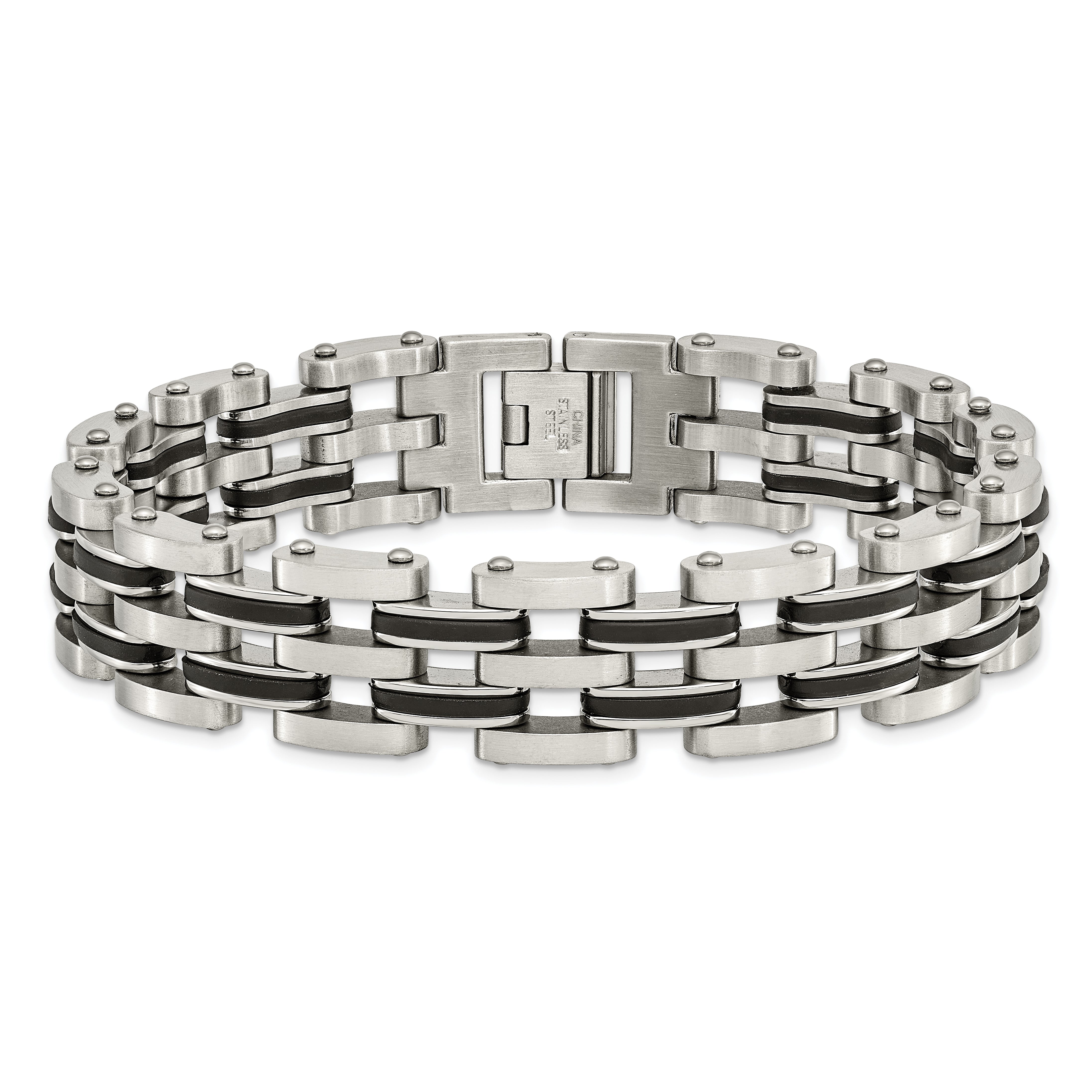 Chisel Stainless Steel Brushed and Polished with Black Rubber 8.75 inch Link Bracelet