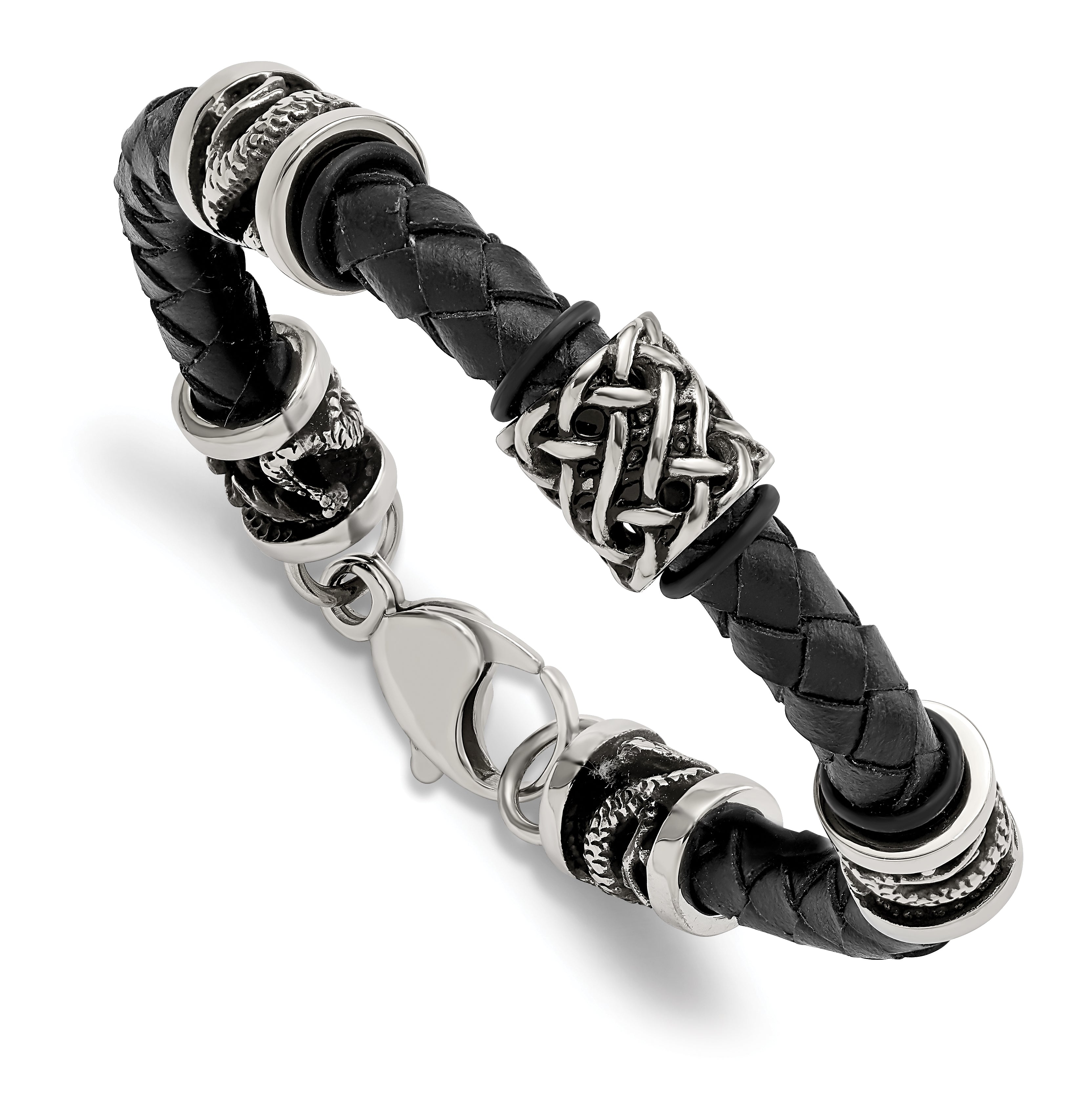 Chisel Stainless Steel Antiqued and Polished Dragon Black Braided Leather 8.5 inch Bracelet Main image