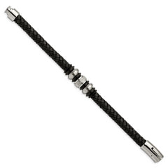 Chisel Stainless Steel Brushed Polished and Textured Black IP-plated Black Braided Leather and Rubber 8.5 inch Bracelet