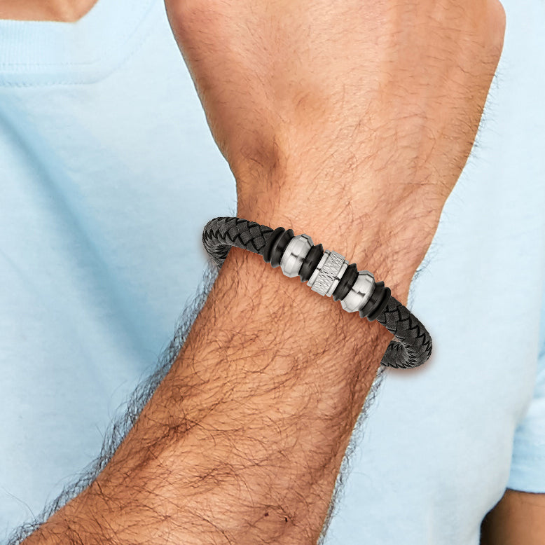 Chisel Stainless Steel Brushed Polished and Textured Black IP-plated Black Braided Leather and Rubber 8.5 inch Bracelet