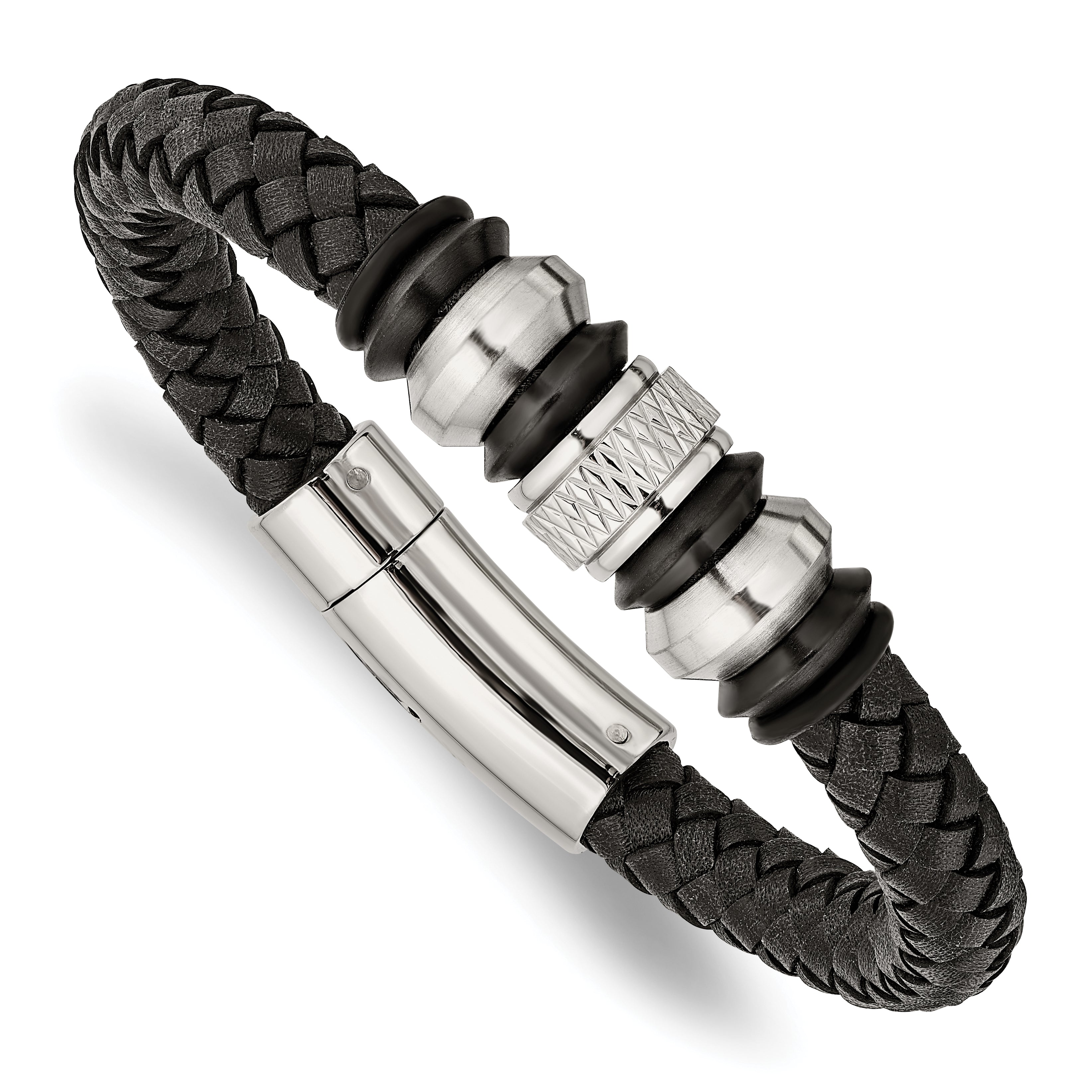 Chisel Stainless Steel Brushed Polished and Textured Black IP-plated Black Braided Leather and Rubber 8.5 inch Bracelet Main image
