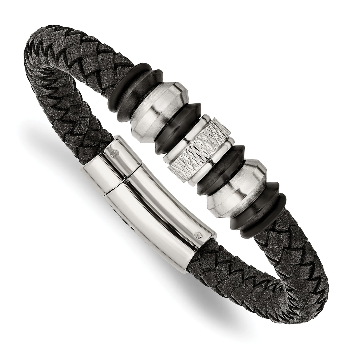 Chisel Stainless Steel Brushed Polished and Textured Black IP-plated Black Braided Leather and Rubber 8.5 inch Bracelet