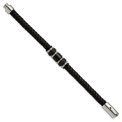 Chisel Stainless Steel Brushed and Polished Black IP-plated Black Braided Leather and Rubber 8.5 inch Bracelet