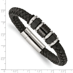 Chisel Stainless Steel Brushed and Polished Black IP-plated Black Braided Leather and Rubber 8.5 inch Bracelet