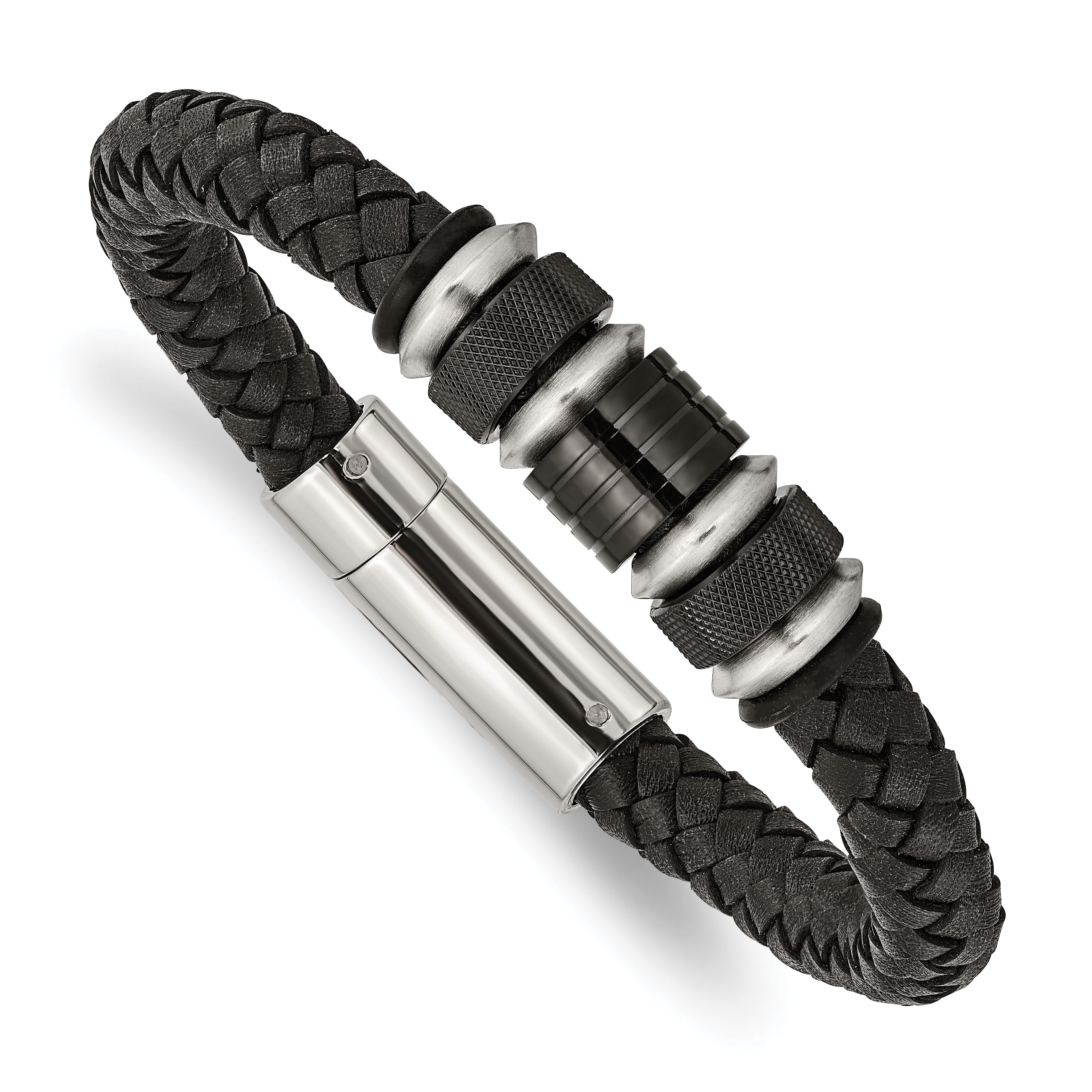 Chisel Stainless Steel Brushed and Polished Black IP-plated Black Braided Leather and Rubber 8.5 inch Bracelet Main image
