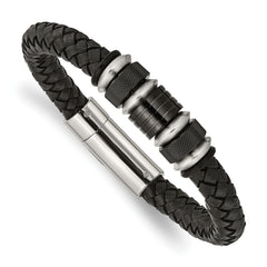 Chisel Stainless Steel Brushed and Polished Black IP-plated Black Braided Leather and Rubber 8.5 inch Bracelet