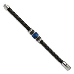 Chisel Stainless Steel Brushed and Polished Black and Blue IP-plated Black Braided Leather and Rubber 8.5 inch Bracelet