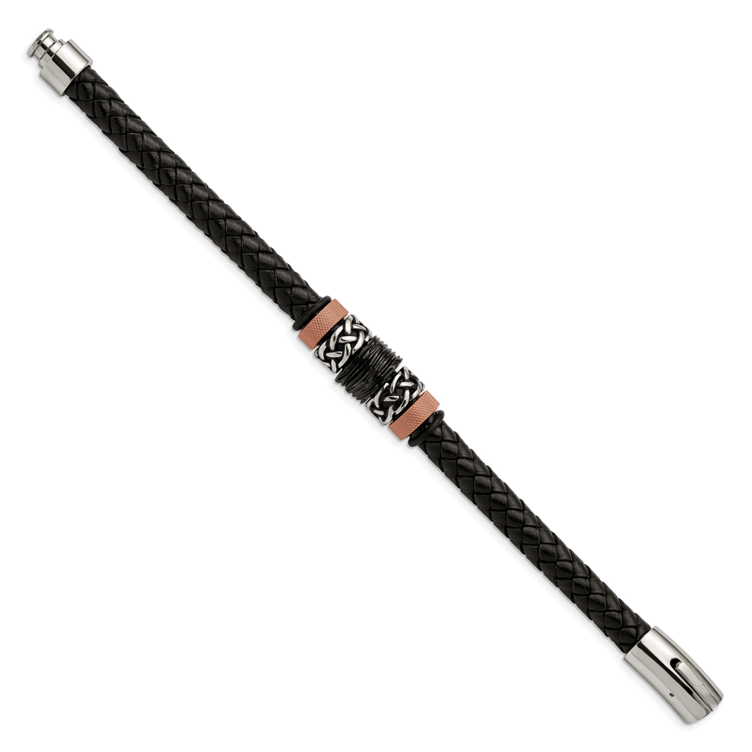 Chisel Stainless Steel Polished and Textured Black and Brown IP-plated Black Braided Leather and Rubber 8.5 inch Bracelet - 8.5