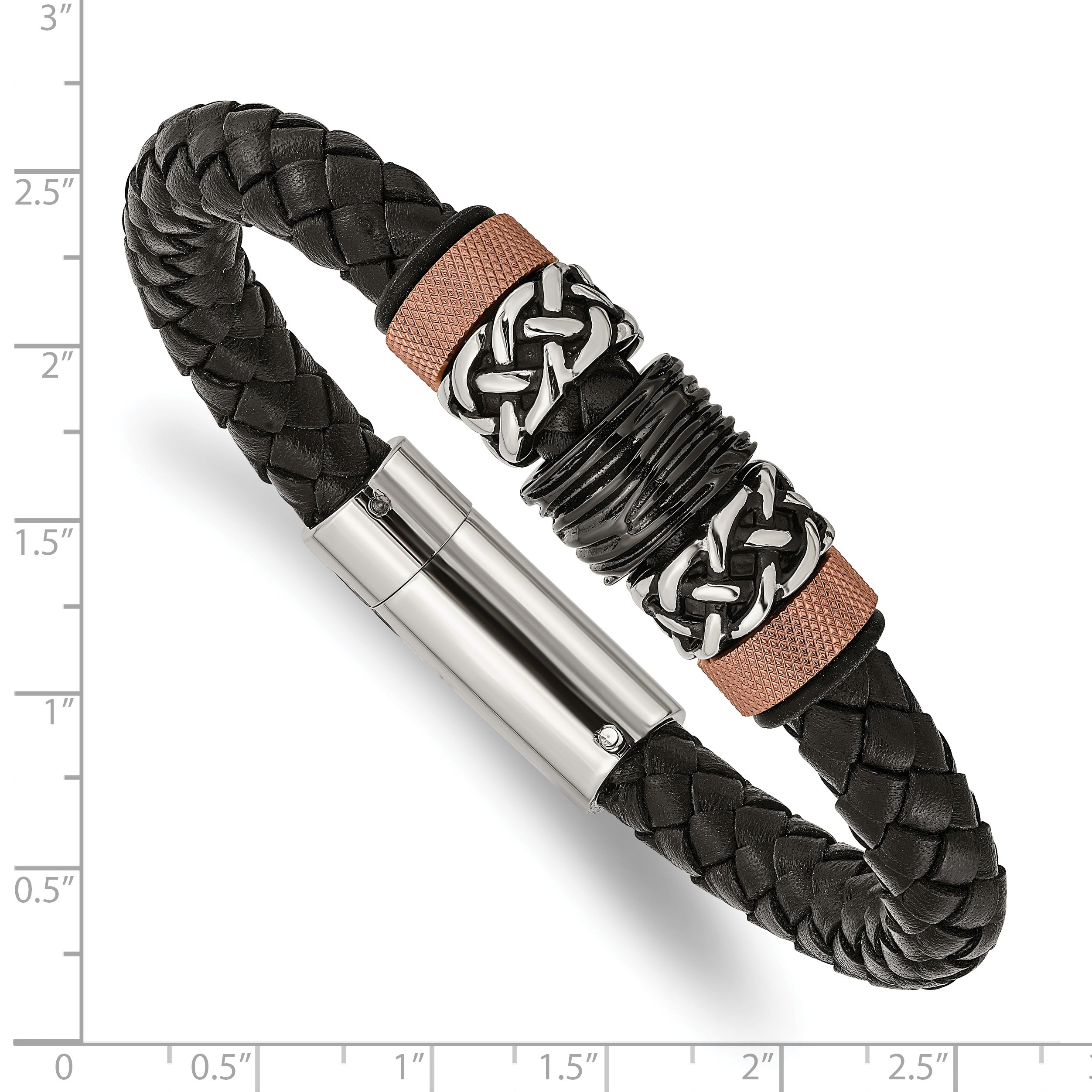 Chisel Stainless Steel Polished and Textured Black and Brown IP-plated Black Braided Leather and Rubber 8.5 inch Bracelet - 8.5