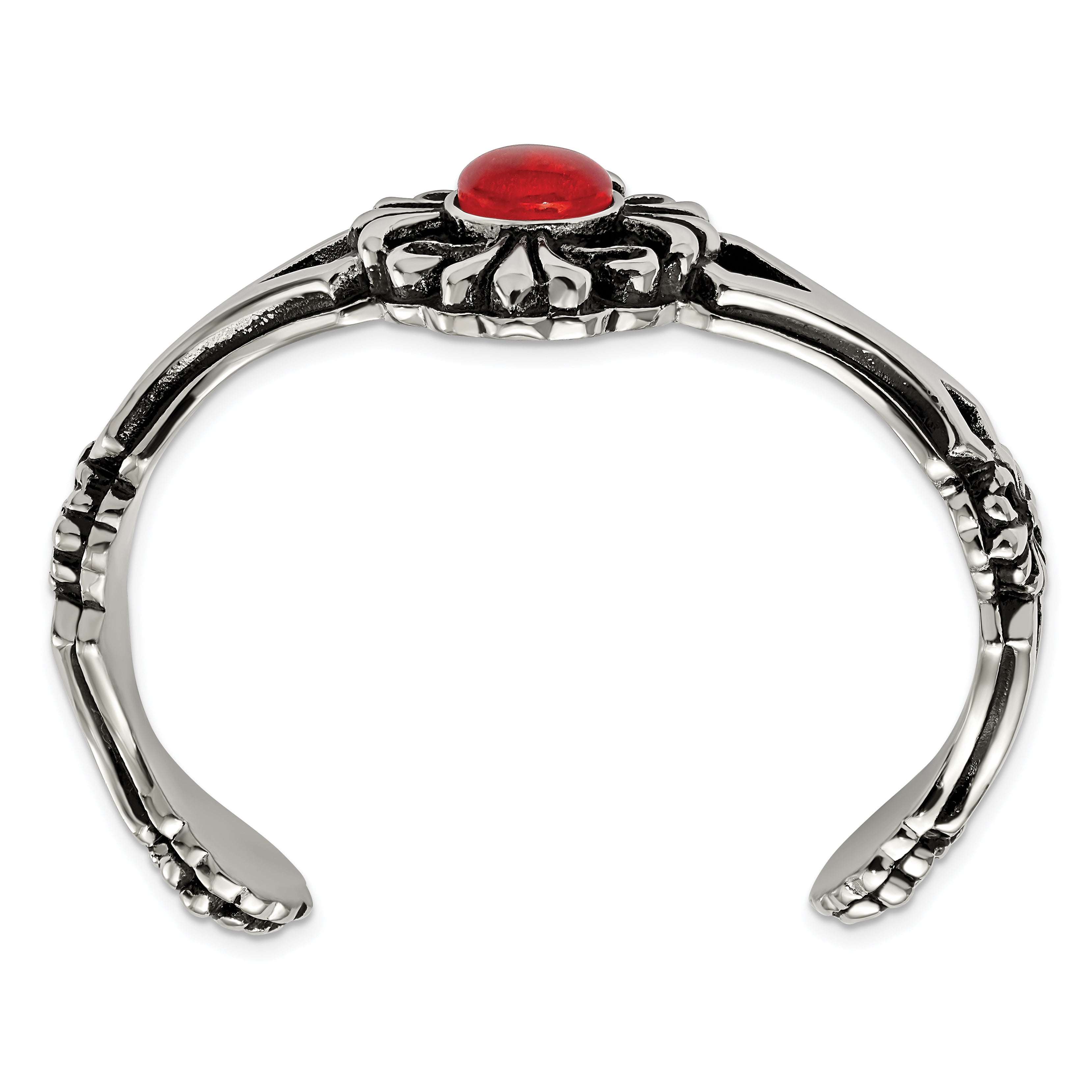 Red Glass Flower Cuff Bracelet in Stainless Steel