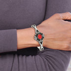 Red Glass Flower Cuff Bracelet in Stainless Steel