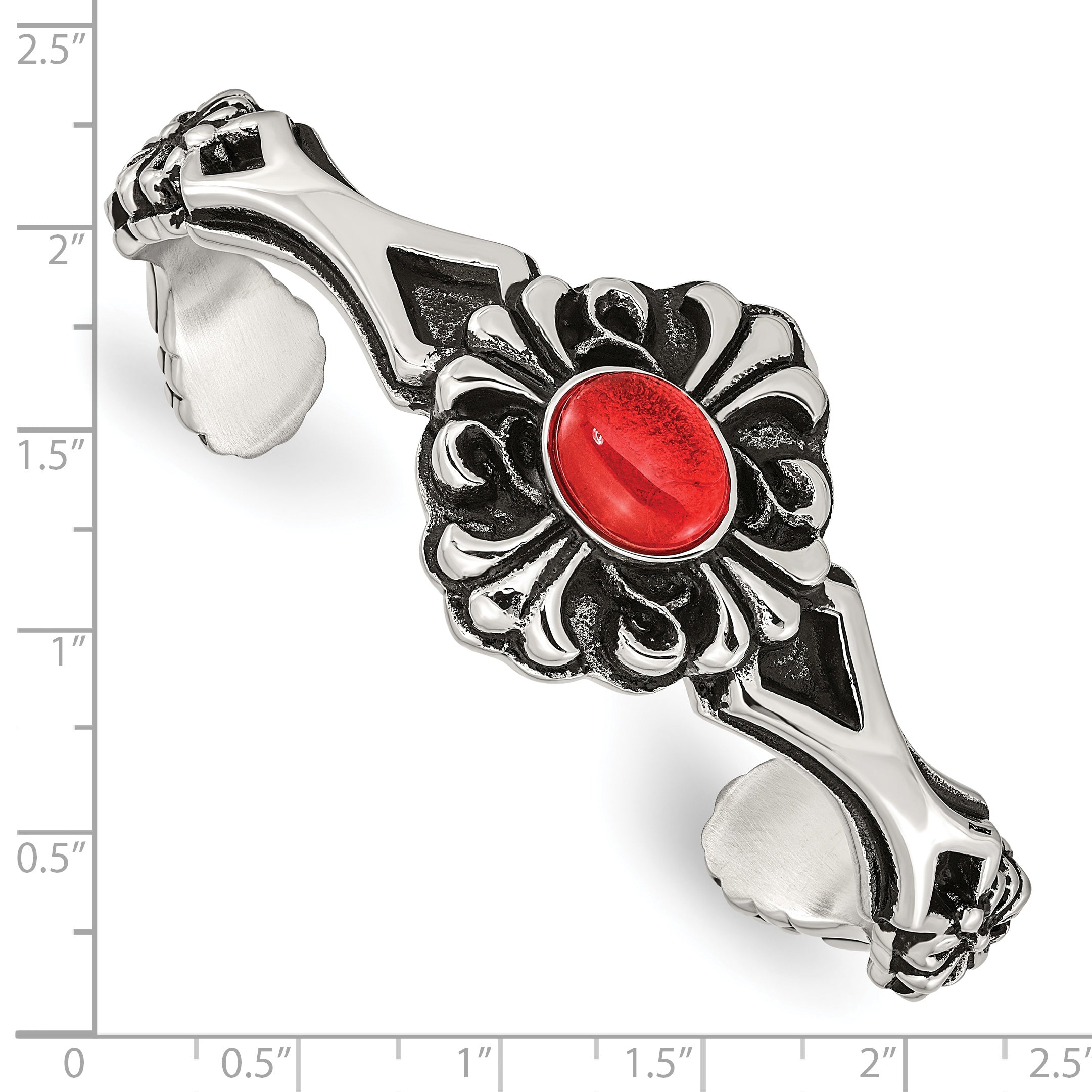 Red Glass Flower Cuff Bracelet in Stainless Steel