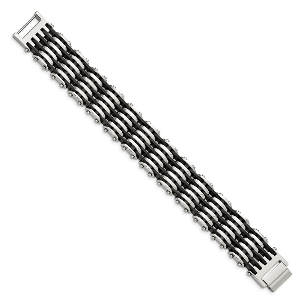 Chisel Stainless Steel Polished with Black Rubber 8.5 inch Bracelet