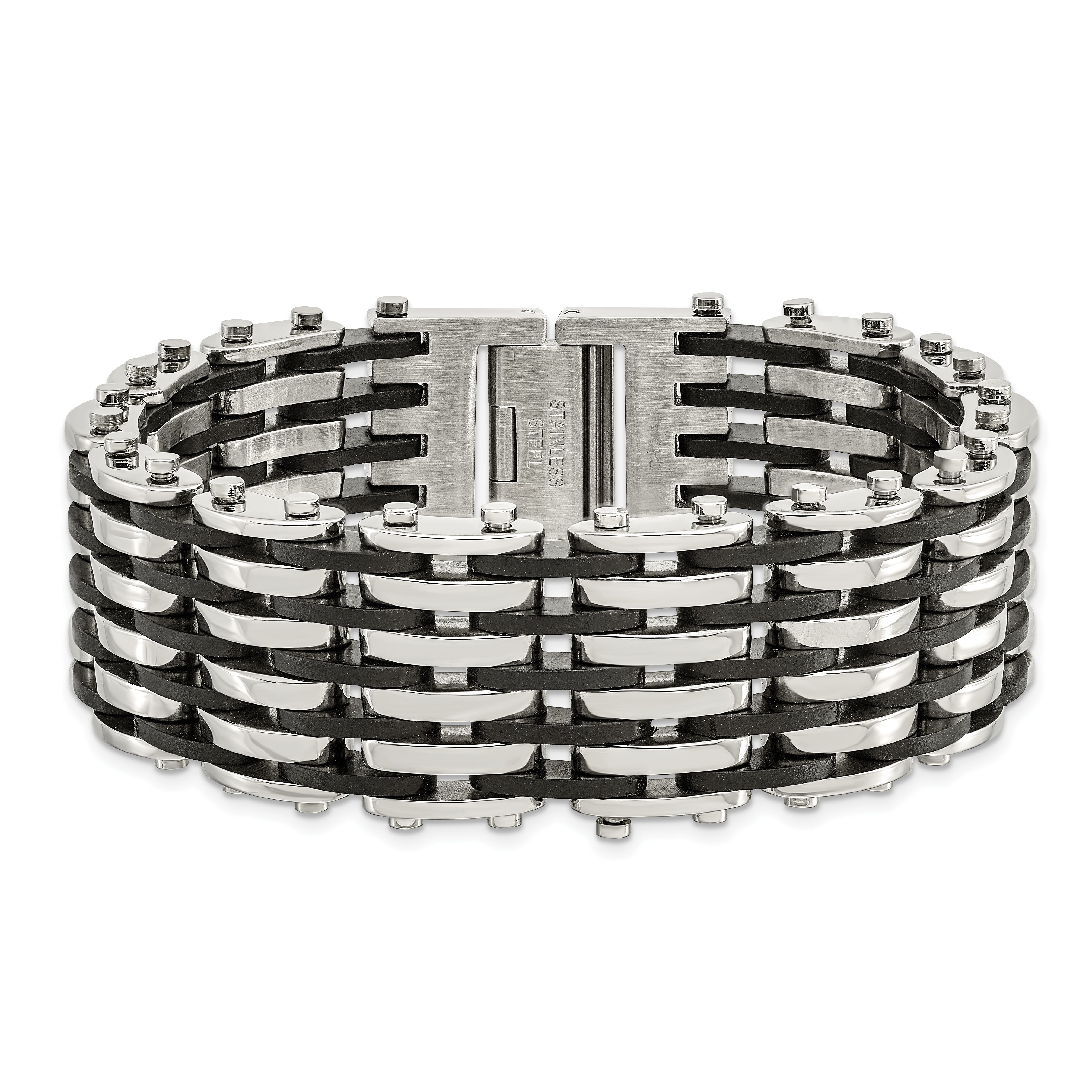 Chisel Stainless Steel Polished with Black Rubber 8.5 inch Bracelet
