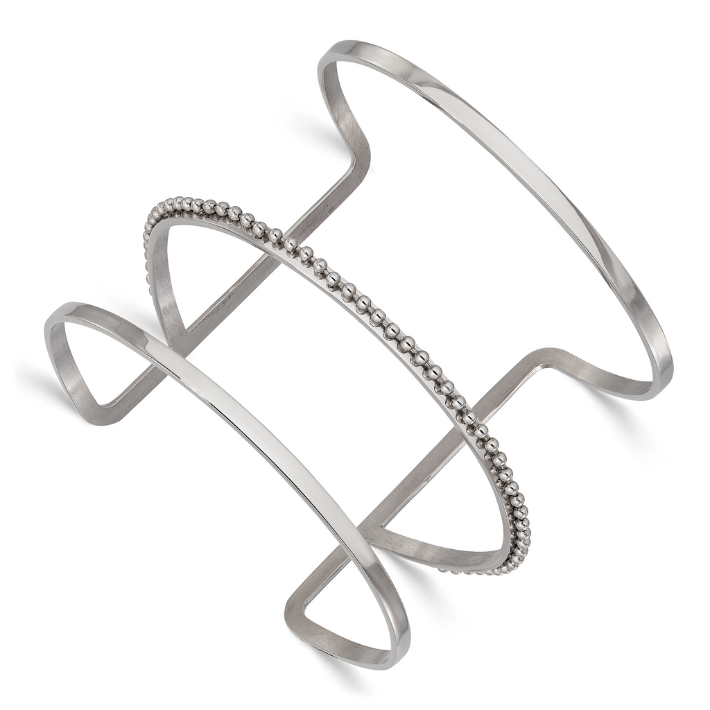 Stainless Steel Polished Beaded Cuff Bangle