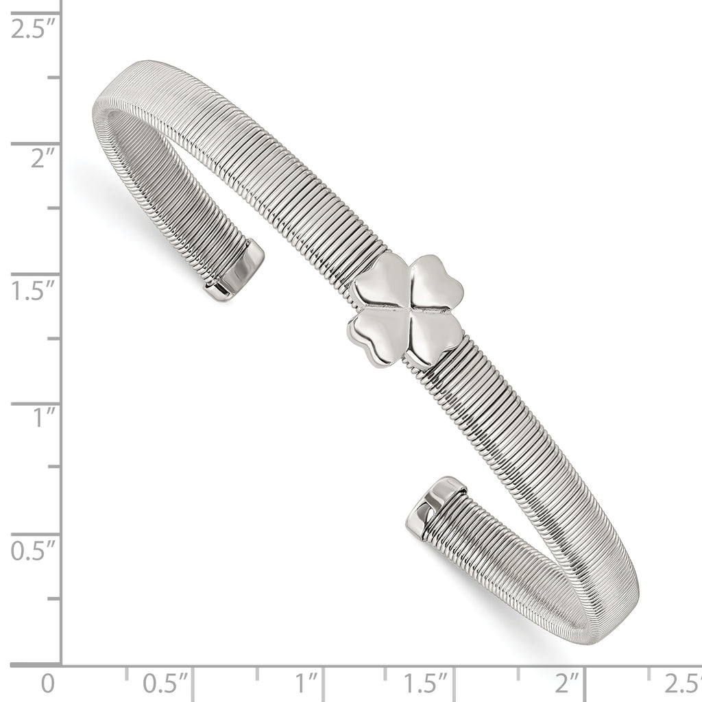 Chisel Stainless Steel Polished Four Leaf Clover Flexible Cuff Bangle
