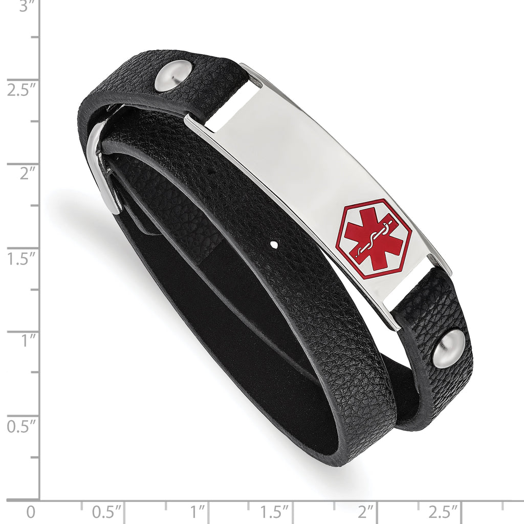 Chisel Stainless Steel Polished with Red Enamel Medical ID Black Leather Adjustable Wrap Bracelet - 5.5 to 6.75