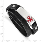 Chisel Stainless Steel Polished with Red Enamel Medical ID Black Leather Adjustable Wrap Bracelet - 5.5 to 6.75