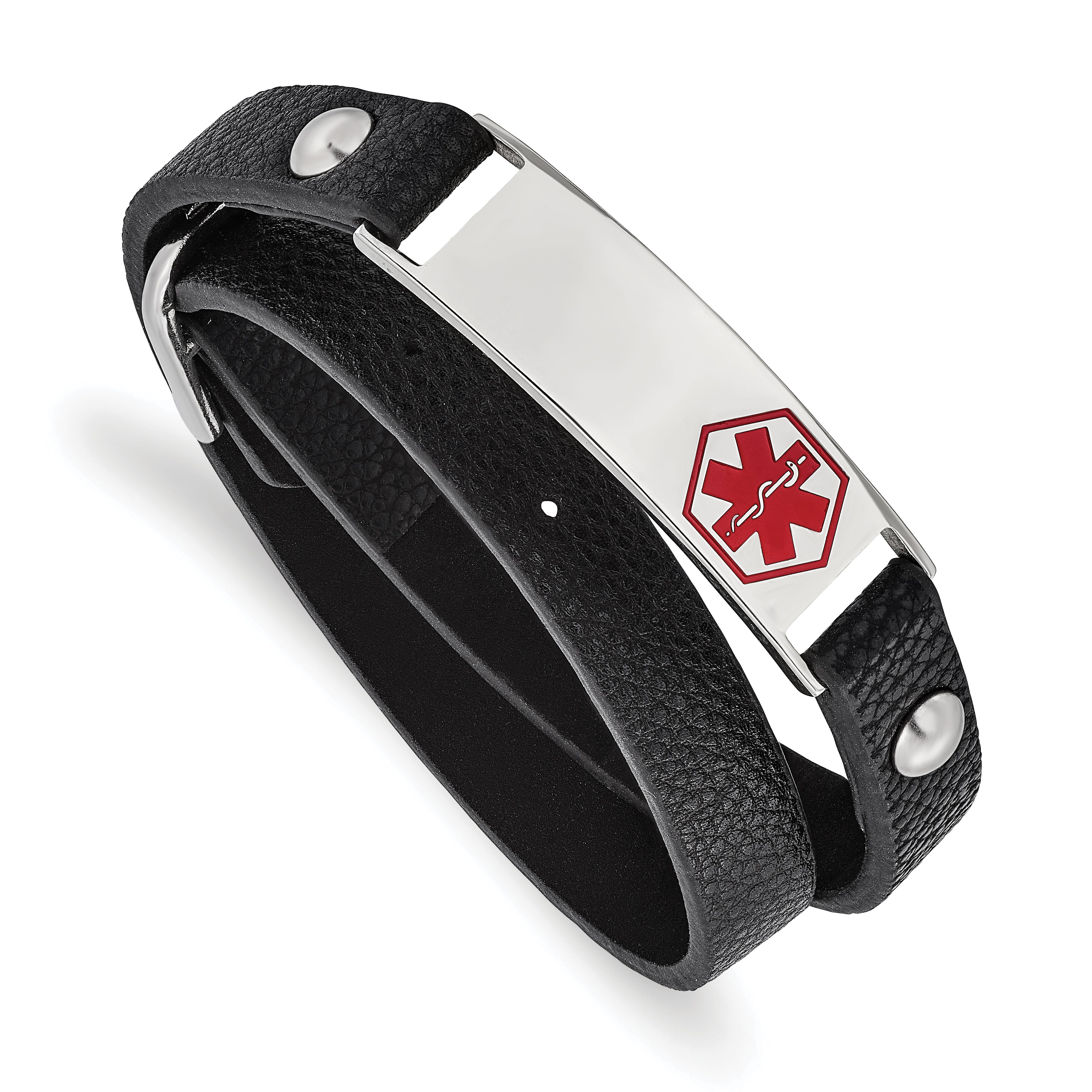 Chisel Stainless Steel Polished with Red Enamel Medical ID Black Leather Adjustable Wrap Bracelet Main image