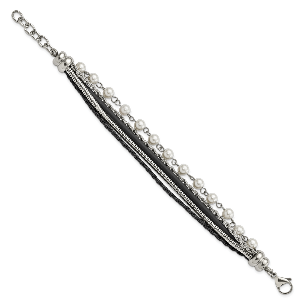 Leather & Simulated Pearl Bracelet in Stainless Steel