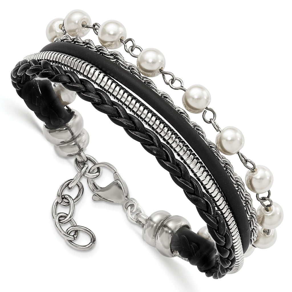 Leather & Simulated Pearl Bracelet in Stainless Steel