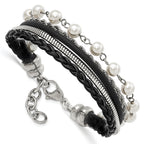 Leather & Simulated Pearl Bracelet in Stainless Steel