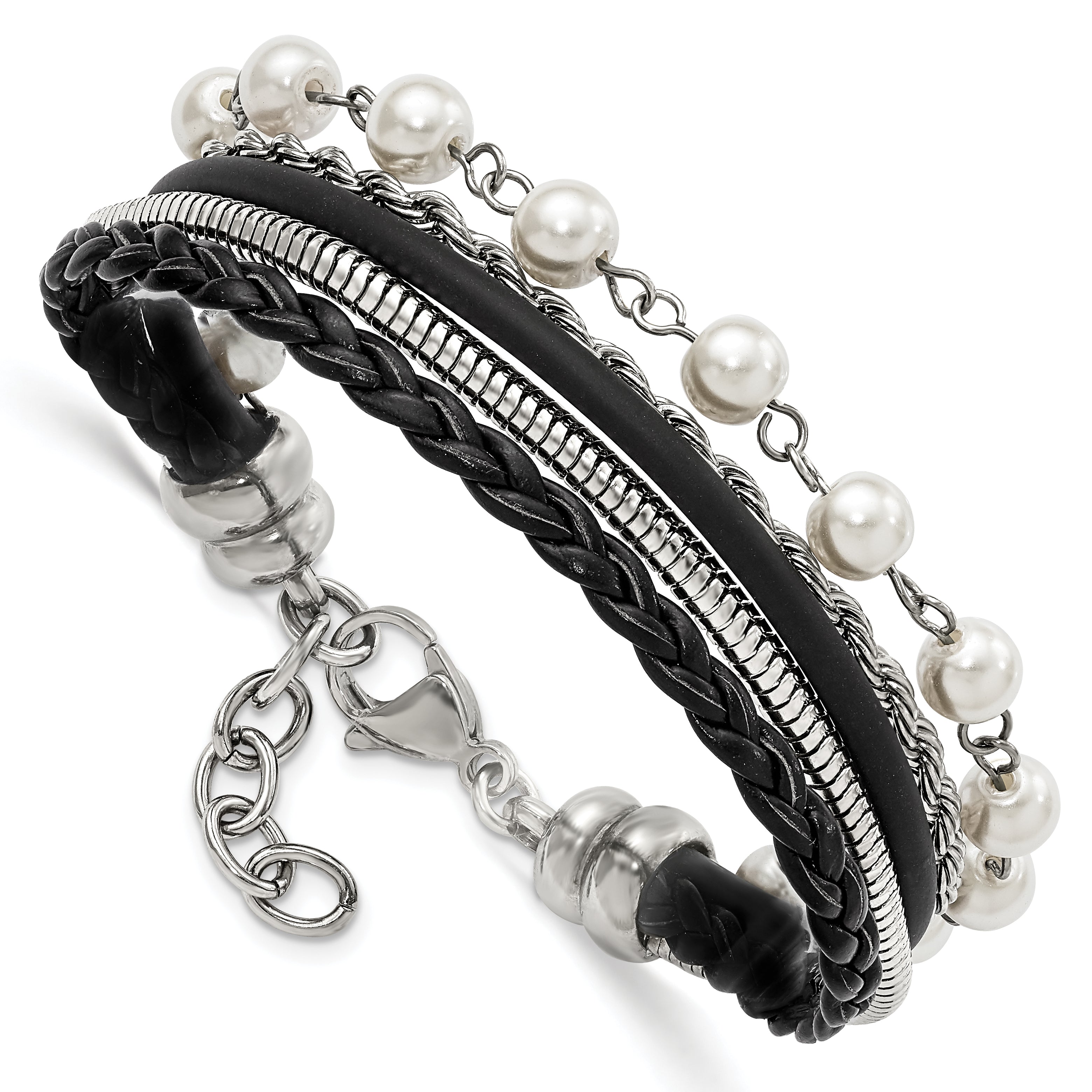 Leather & Simulated Pearl Bracelet in Stainless Steel