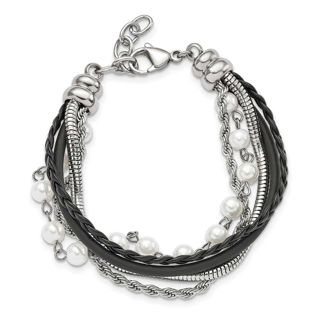 Leather & Simulated Pearl Bracelet in Stainless Steel