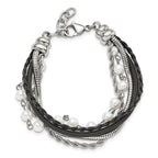 Leather & Simulated Pearl Bracelet in Stainless Steel