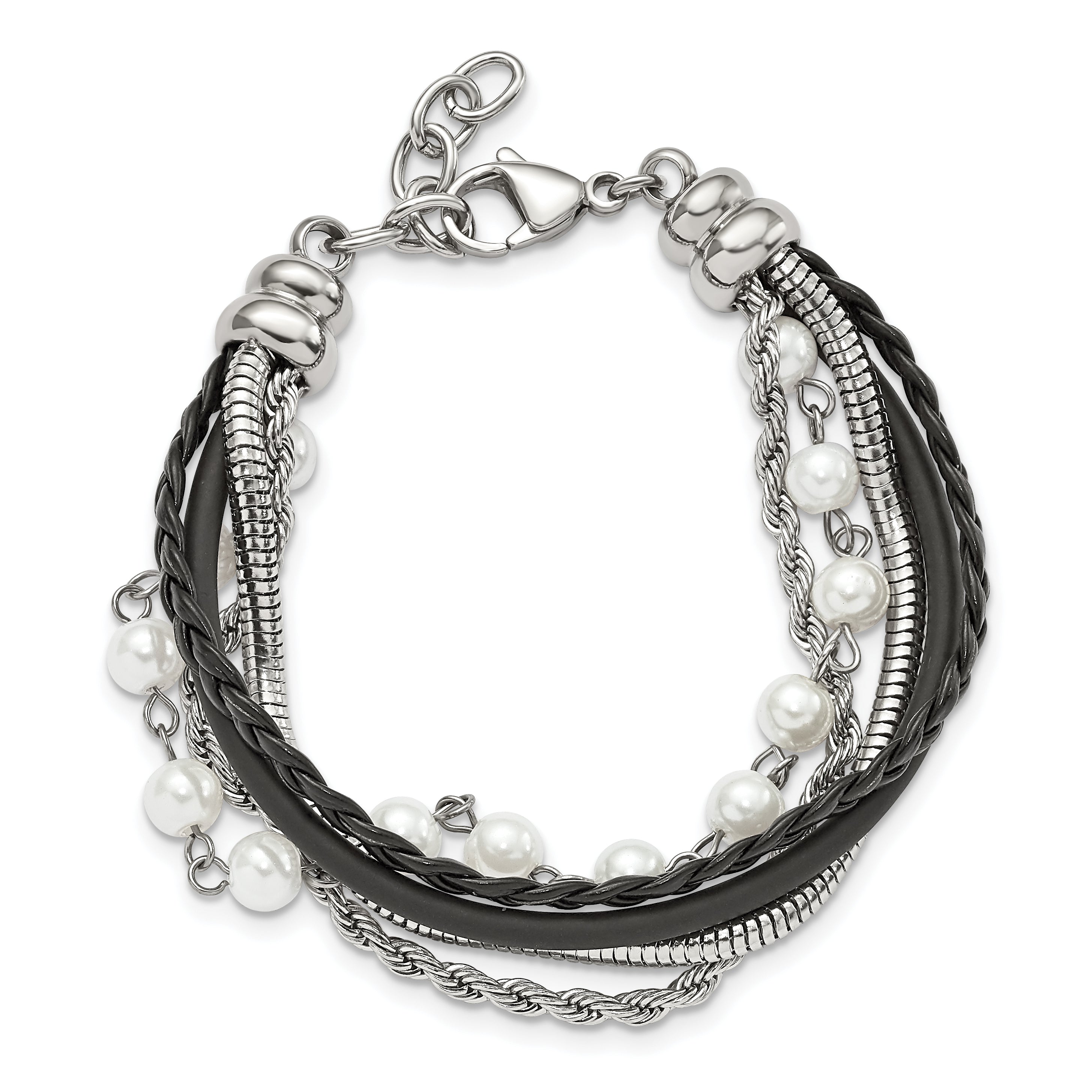 Leather & Simulated Pearl Bracelet in Stainless Steel