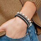 Leather & Simulated Pearl Bracelet in Stainless Steel