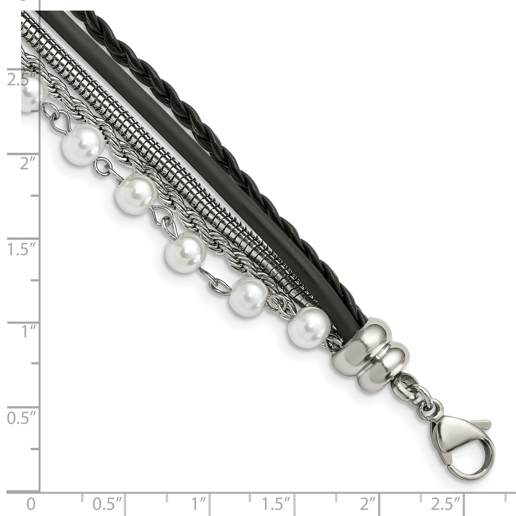 Leather & Simulated Pearl Bracelet in Stainless Steel
