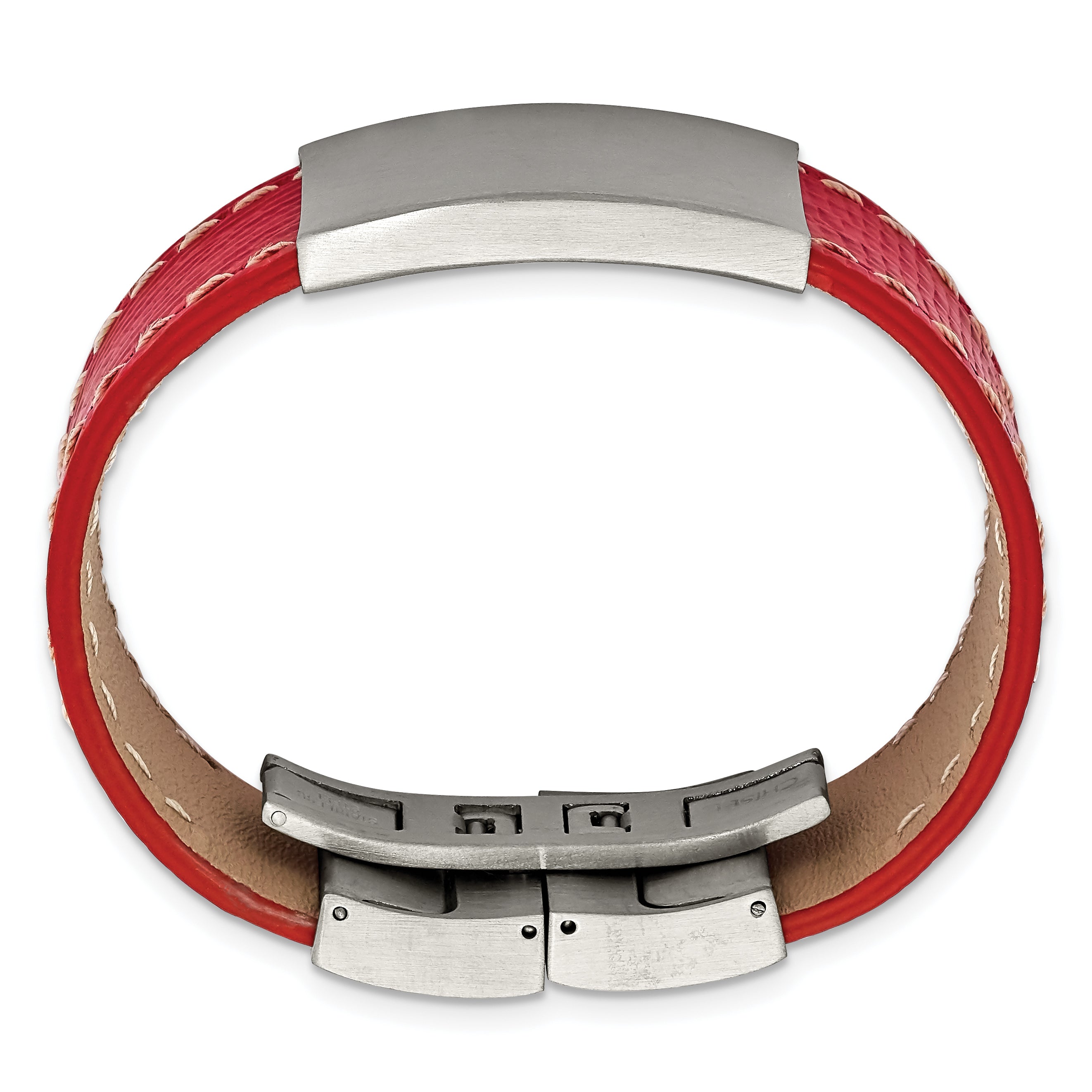 Stainless Steel Brushed Red Leather 8in ID Bracelet