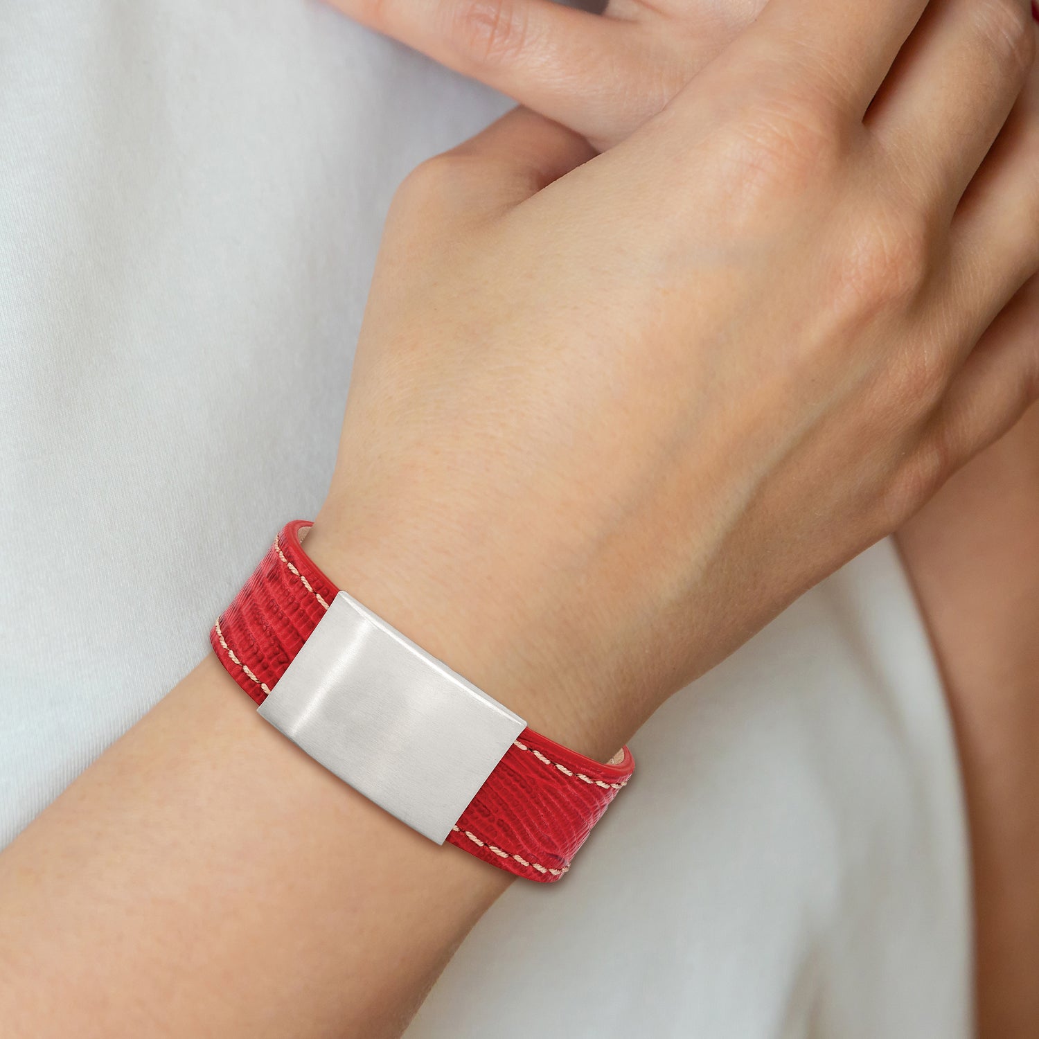 Stainless Steel Brushed Red Leather 8in ID Bracelet