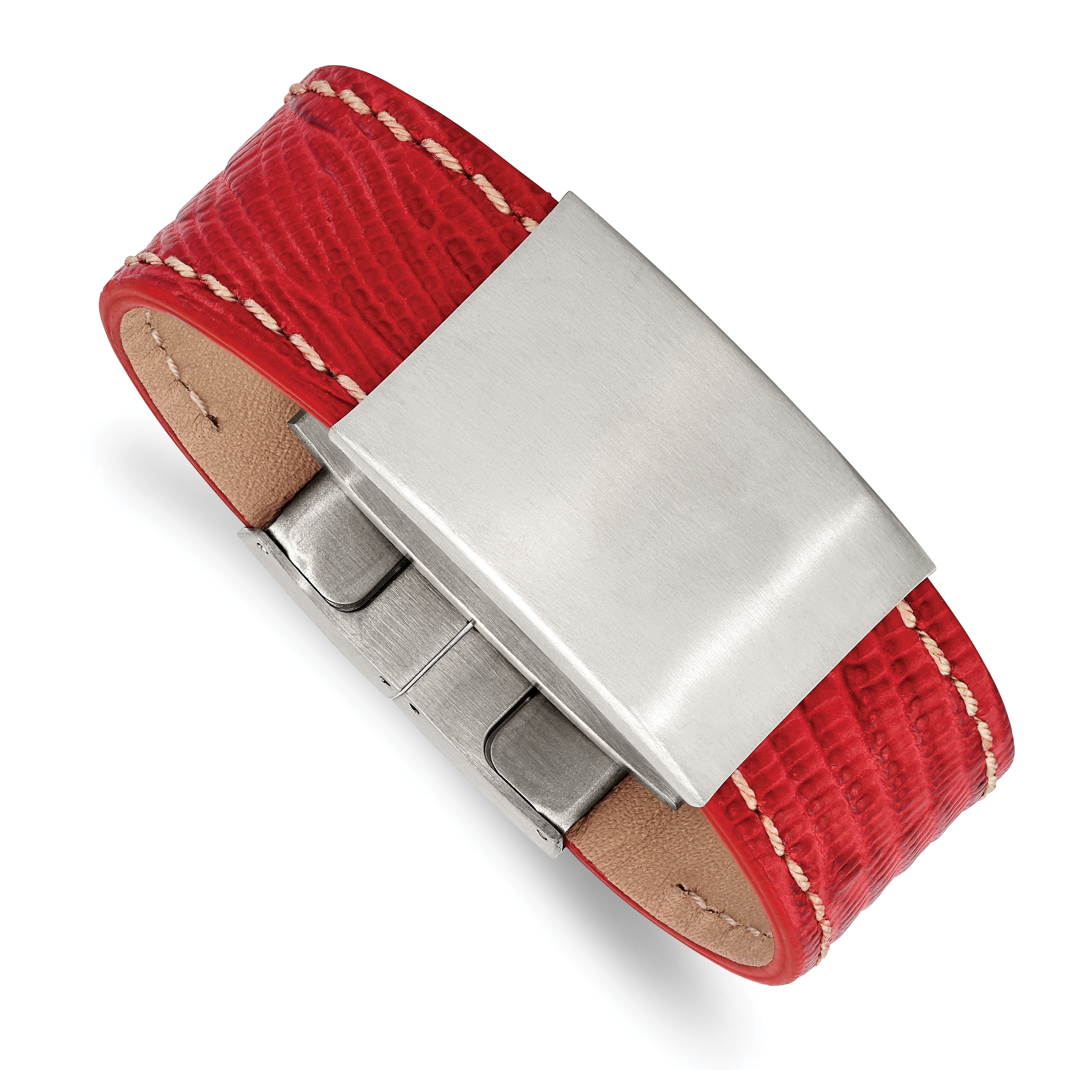 Stainless Steel Brushed Red Leather 8in ID Bracelet Main image