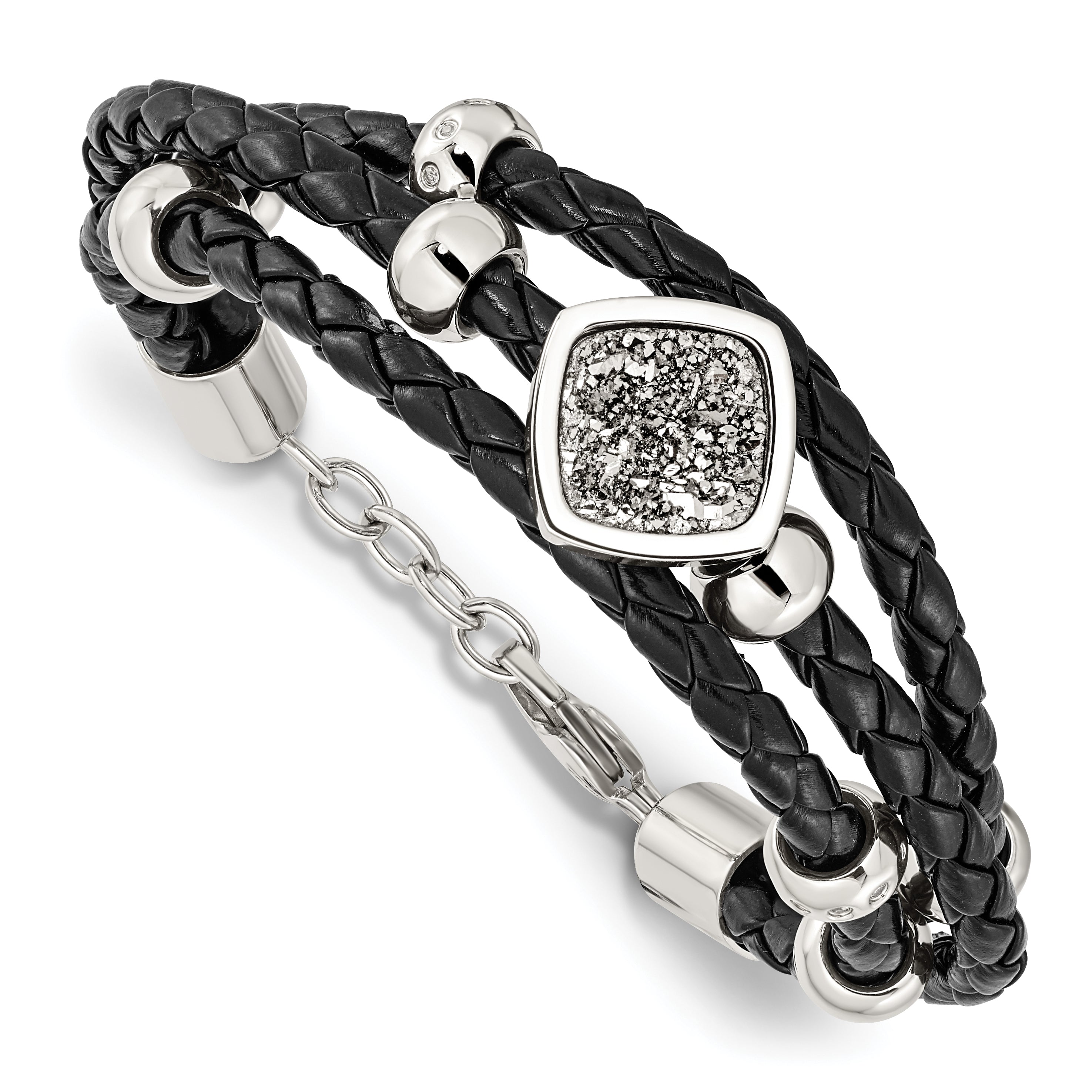 Stainless Steel w/.75in ext Polished w/Druzy and Crystal Leather Bracelet Main image