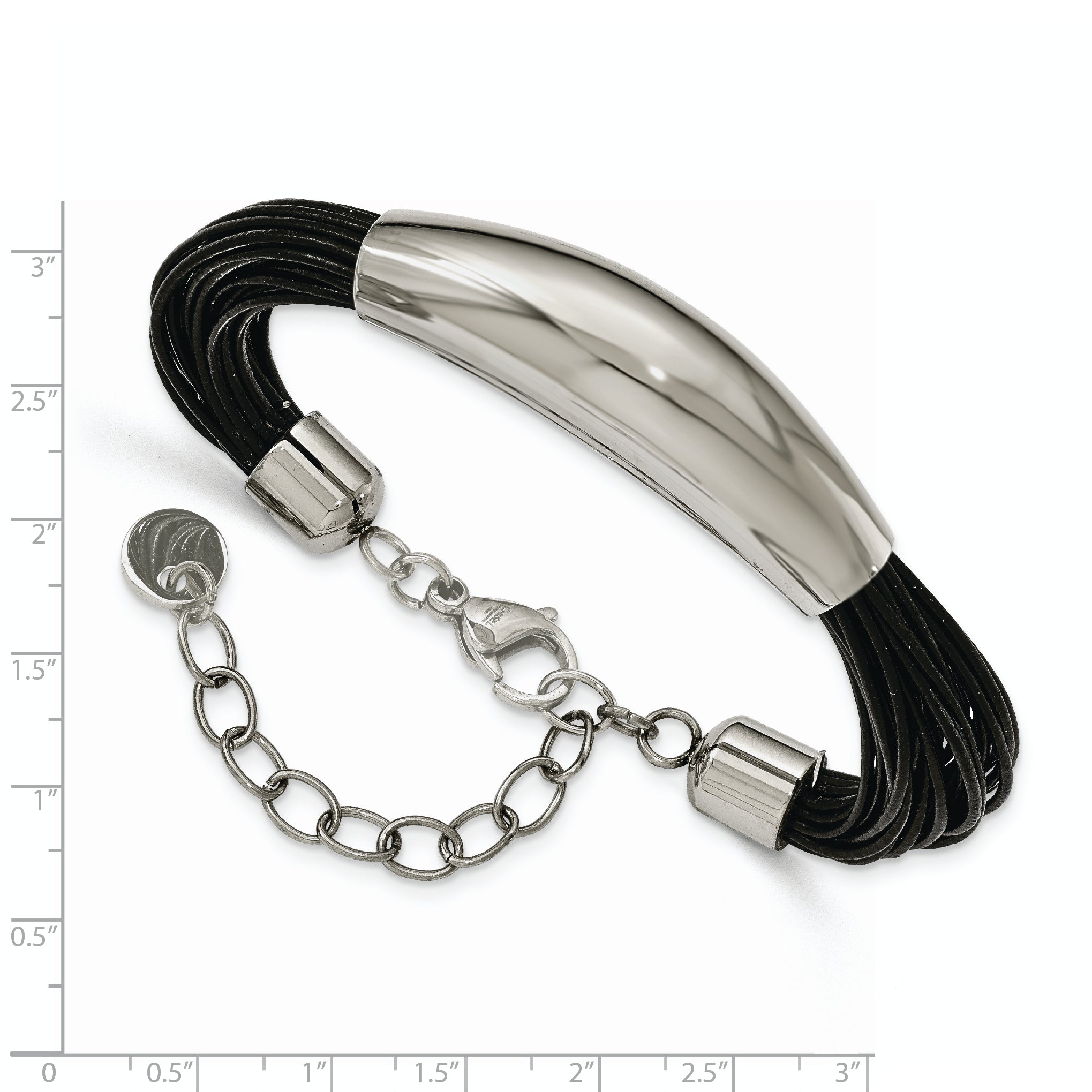 Stainless Steel Polished Faux Leather Cords 2.5in ext. Bracelet - 7.5